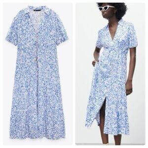 Zara Blue and White Patterned Midi Dress